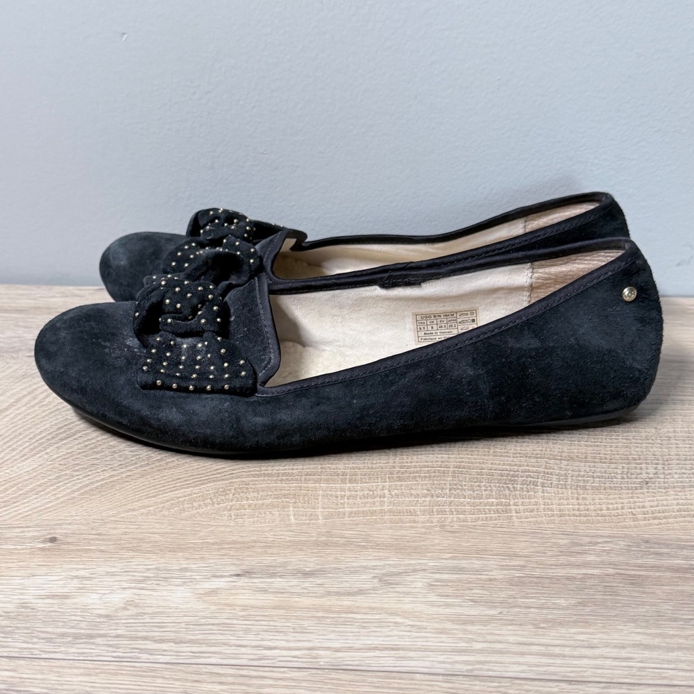 UGG‎ Australia Alloway Studded Bow Ballet Flats 9.5 Black Suede Shearling Lined